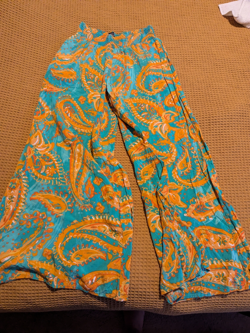 Coco Bianco Turquoise & Orange Paisley Wide-Leg Pants, S